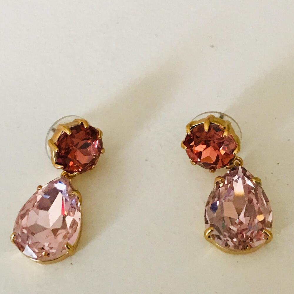 J. Crew Drop Earrings: Pink Faux Stones Set in Gold Tone, Signed